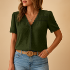 Lace V-neck blouse for women with elegant lace details and flattering fit, perfect for work, special events, and evening occasions.