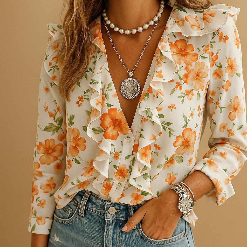 Ruffled butterfly blouse for women with long sleeves and elegant design, perfect for work, spring days, and casual outings.